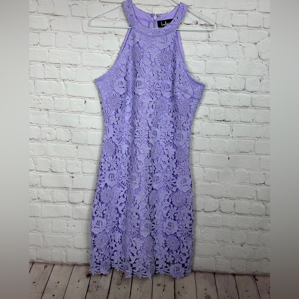 Lulus Poem Lace Mini Dress Womens purple Bodycon Halter, sz M